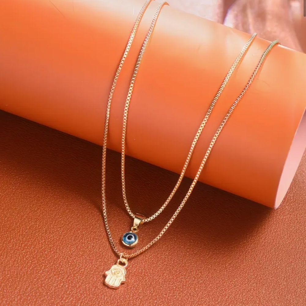18K Gold Plated Layered Evil Eye & Hamsa Hand Necklace Set NIP - Picture 4 of 6